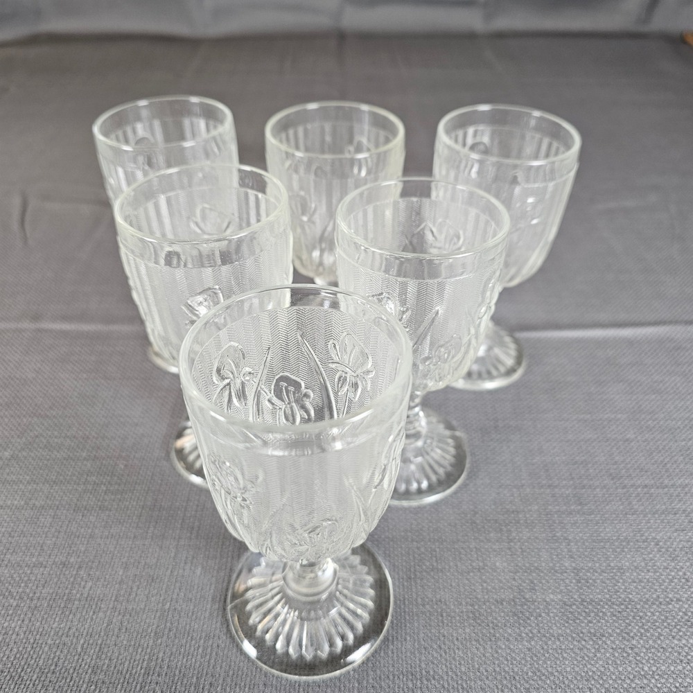 Vintage Clear Glass‎ Cordial Glasses Set of 6 Floral Embossed Pattern